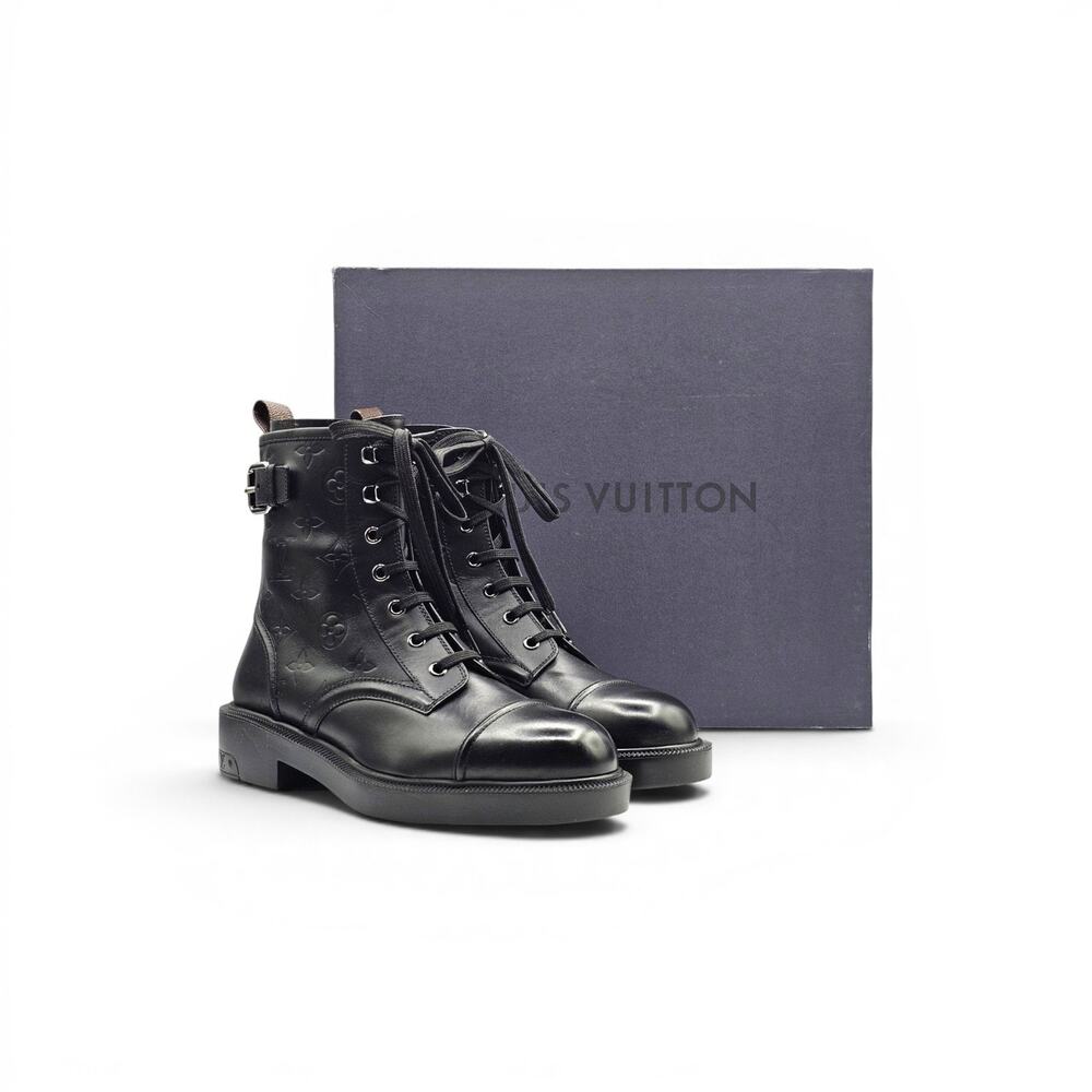 Louis Vuitton Citizen Flat Ranger Boot LV Monogram Embossed Leather Black EU 38